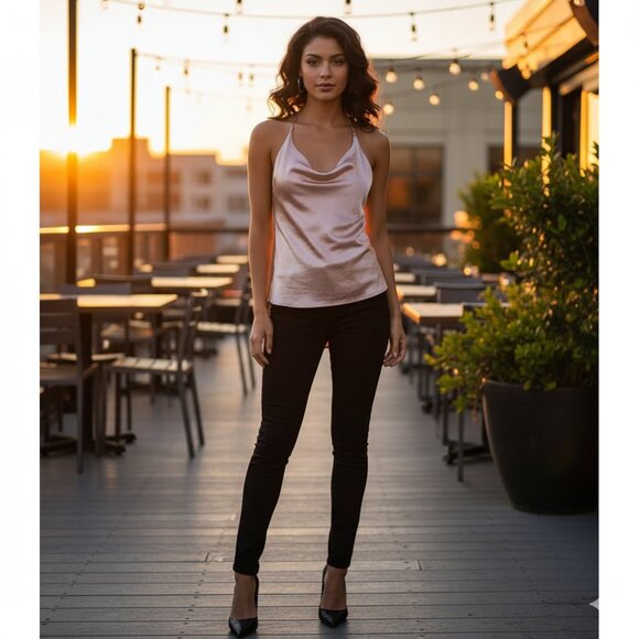 Women’s Y2K Go Girl Go Tank Top Blouse Cowl Neck Satin Pink T-strap back Small - Picture 5 of 16